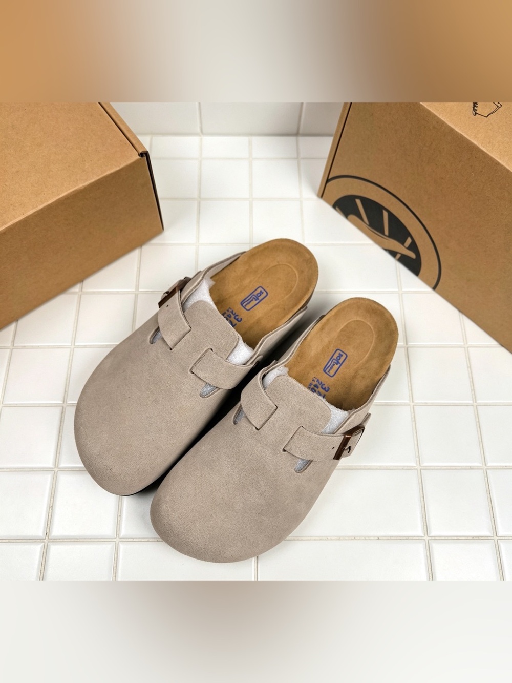 BIRKENSTOCK Boston taupe suede mule clogs